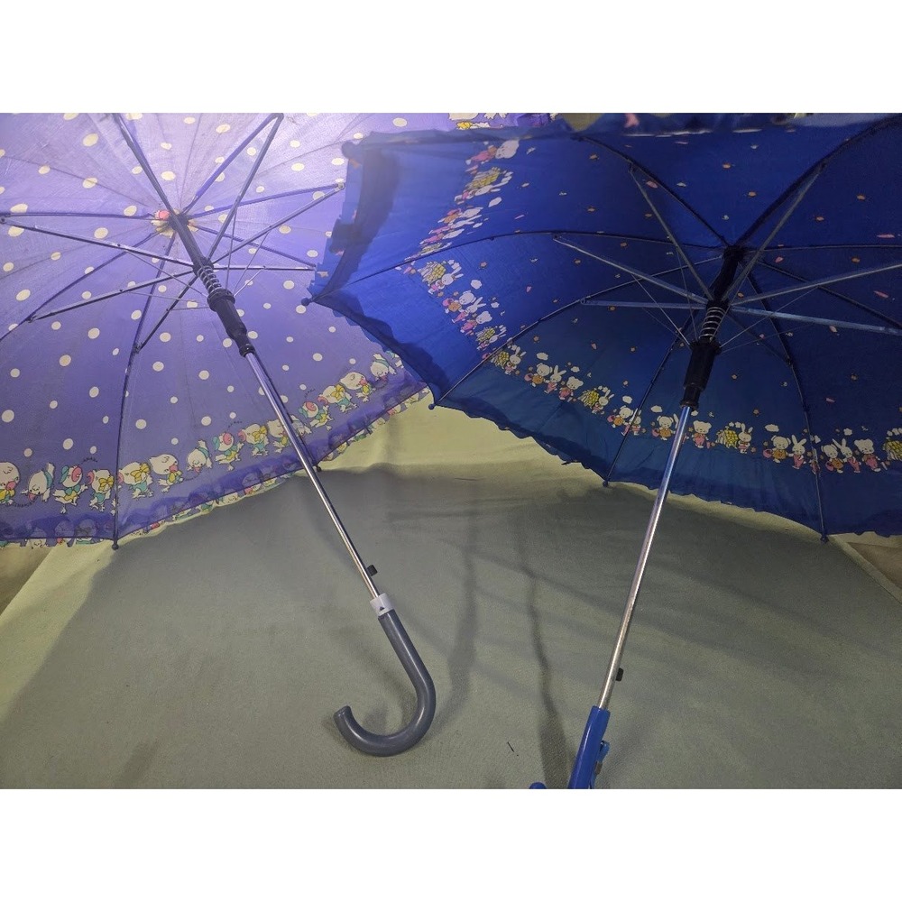 Lot of 2 Vintage Kids Umbrellas Blue Purple Polka Dot Animal Characters Ruffle